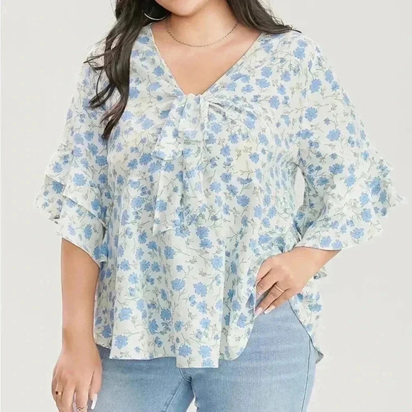 NWT!FLORAL Printed Knotted Front V Neck Ruffle Sleeve Top Size 12 or Large - Picture 1 of 6
